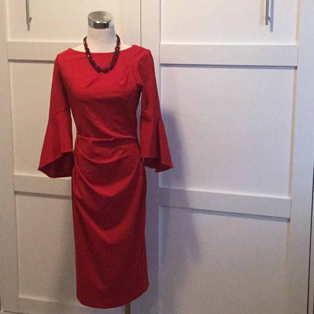 Betsy & Adam Scarlet Red Bell Sleeve Dress Size 4